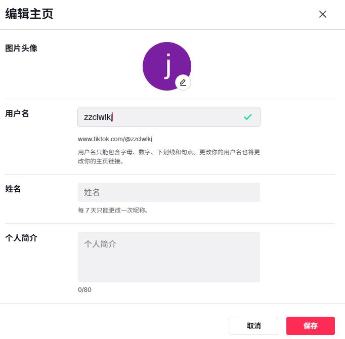 在Tiktok的个人主页 我们可以找到 编辑入口 ，在这里我们可以填写一些真实的个人信息，这样可以有利于养号。