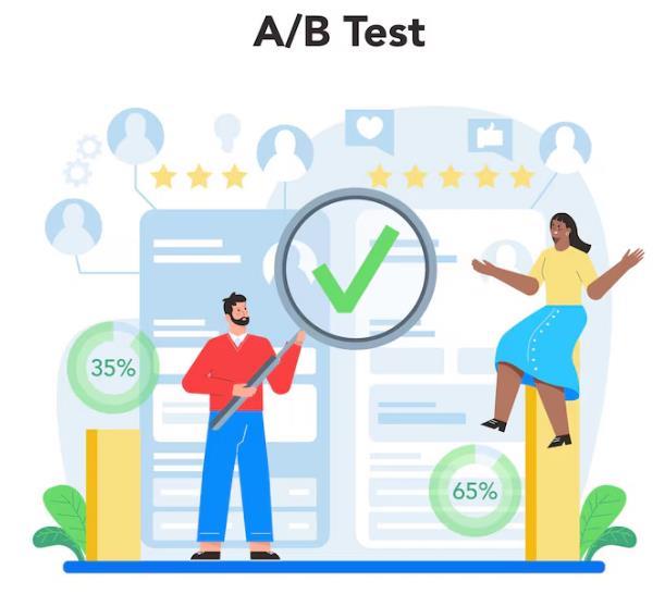 广告优化 A/B 测试人物通过放大镜验证创意,搭配数据图表与用户互动元素,体现广告投放中通过 A/B 测试优化效果、提升转化的过程。