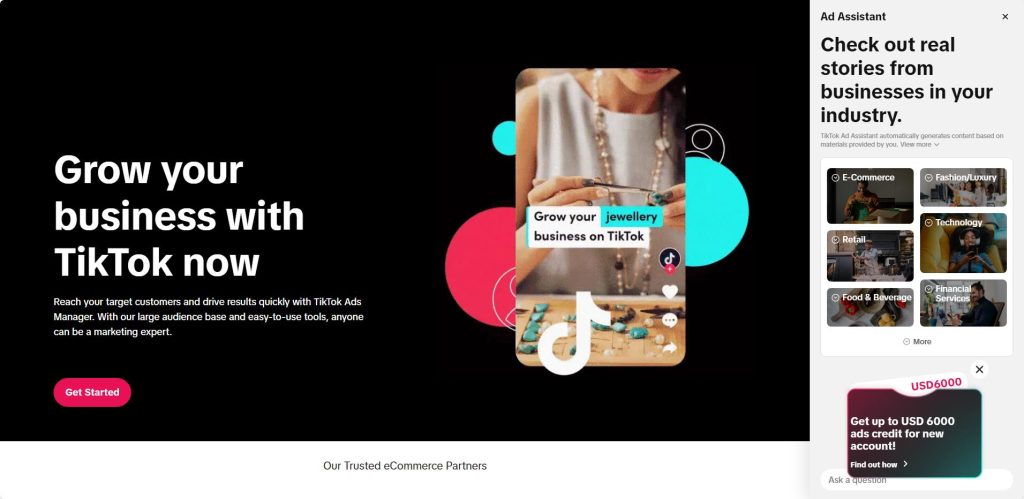 TikTok 广告推广页面截图,主打 “Grow your business with TikTok now”,介绍通过 TikTok Ads Manager 可触达目标客户并快速取得效果,含 “Get Started” 按钮,右侧 Ad Assistant 板块展示各行业真实商业案例,还推出新账户最高 6000 美元广告信用额度活动。