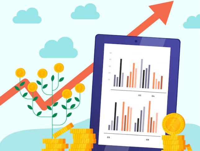 广告效果评估图,展示平板数据分析图表、金币树与金币堆,搭配红色上升箭头,体现广告收益分析、数据驱动增长的成果。