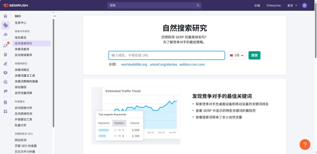 SEMrush 可以帮助分析行业情况等信息。